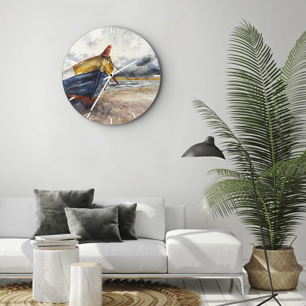 Nástenné hodiny - Farebná loď na piesočnatej pláži v maliarskom štýle - 30x30cm - Odpočinok na brehu - Moderná nástenná dekorácia do obývacej izby, kuchyne a spálne ARTTOR