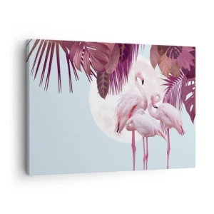 Obraz na plátne - Ružové plameniaky na pozadí mesiaca a tropických listov - 70x50cm - Tri vtáčie grácie - Moderná nástenná dekorácia do obývacej izby a spálne ARTTOR