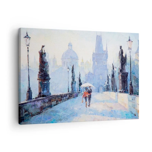Obraz na plátne - Romantický pár na moste v daždi, maliarska scéna - 70x50cm - Nás musel očariť dážď - Moderná nástenná dekorácia do obývacej izby a spálne ARTTOR