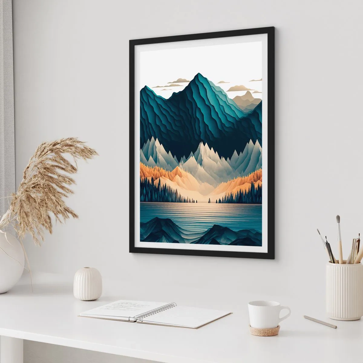 Plagát v čiernom ráme - Štylizovaná horská krajina s jazerom v odtieňoch modrej - 50x70cm - Dokonalá horská krajina - Moderná nástenná dekorácia do obývacej izby a spálne ARTTOR