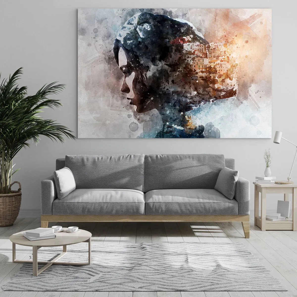 Obraz na skle - Profil ženy v akvarelovom štýle s mestom v pozadí. - 70x50cm - Príbeh o dievčati s mestom v pozadí - Moderná nástenná dekorácia do obývacej izby a spálne ARTTOR