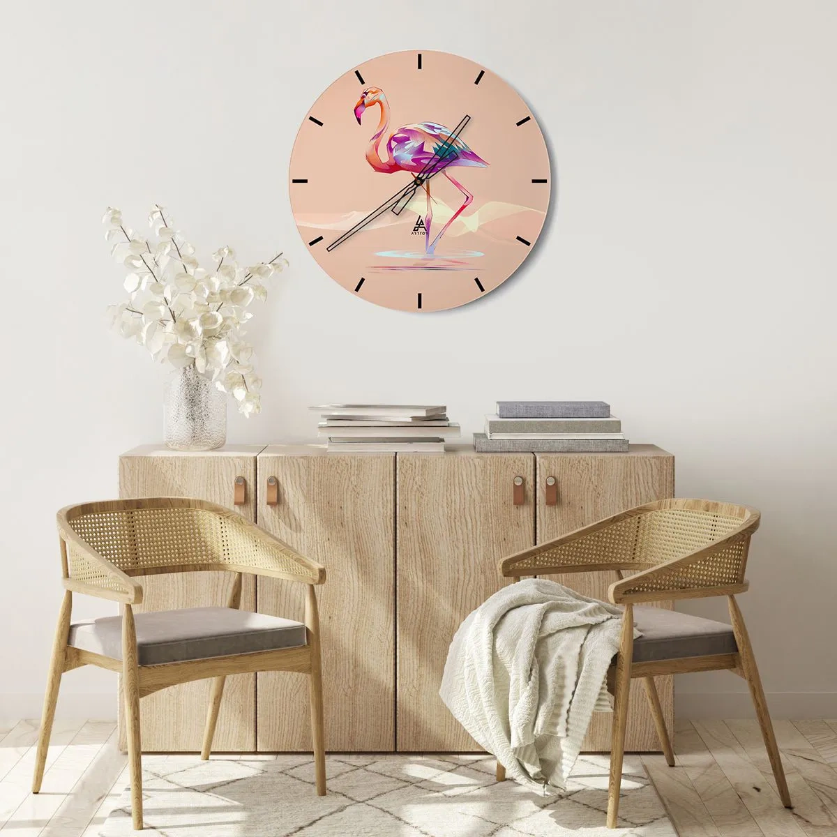 Nástenné hodiny - Plameniak s geometrickým vzorom na béžovom pozadí - 30x30cm - Vták dobrých emócií - Moderná nástenná dekorácia do obývacej izby, kuchyne a spálne ARTTOR