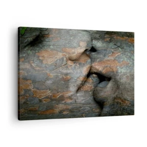 Obraz na plátne - Umelecký motív tváre vytesanej do skaly s efektom prirodzenej textúry. - 70x50cm - Navždy spolu - Moderná nástenná dekorácia do obývacej izby a spálne ARTTOR