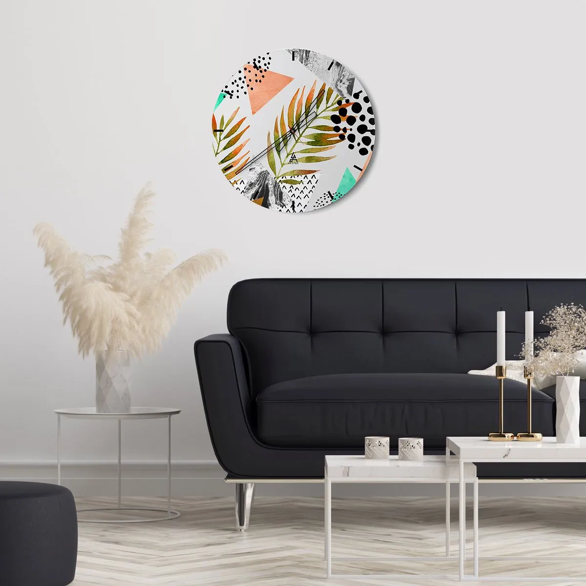 Nástenné hodiny - Geometria a listy v štýle akvarelu - 30x30cm - Dekorácia s palmovým listom - Moderná nástenná dekorácia do obývacej izby, kuchyne a spálne ARTTOR