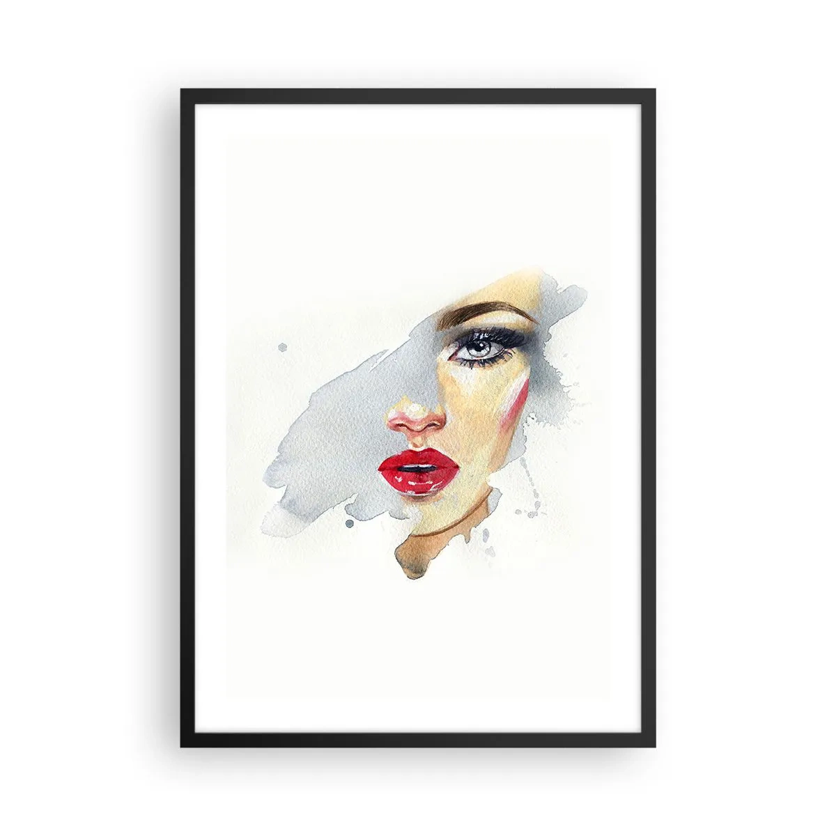 Plagát v čiernom ráme - Akvarelová portrét ženy s červenými perami - 50x70cm - Odraz v kvapke vody - Moderná nástenná dekorácia do obývacej izby a spálne ARTTOR