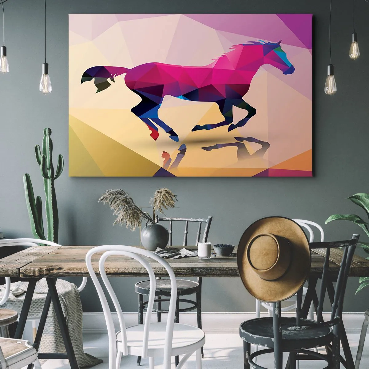 Obraz na plátne - Geometrická silueta cválajúceho koňa v žiarivých farbách - 70x50cm - Kubizmus stále živý - Moderná nástenná dekorácia do obývacej izby a spálne ARTTOR