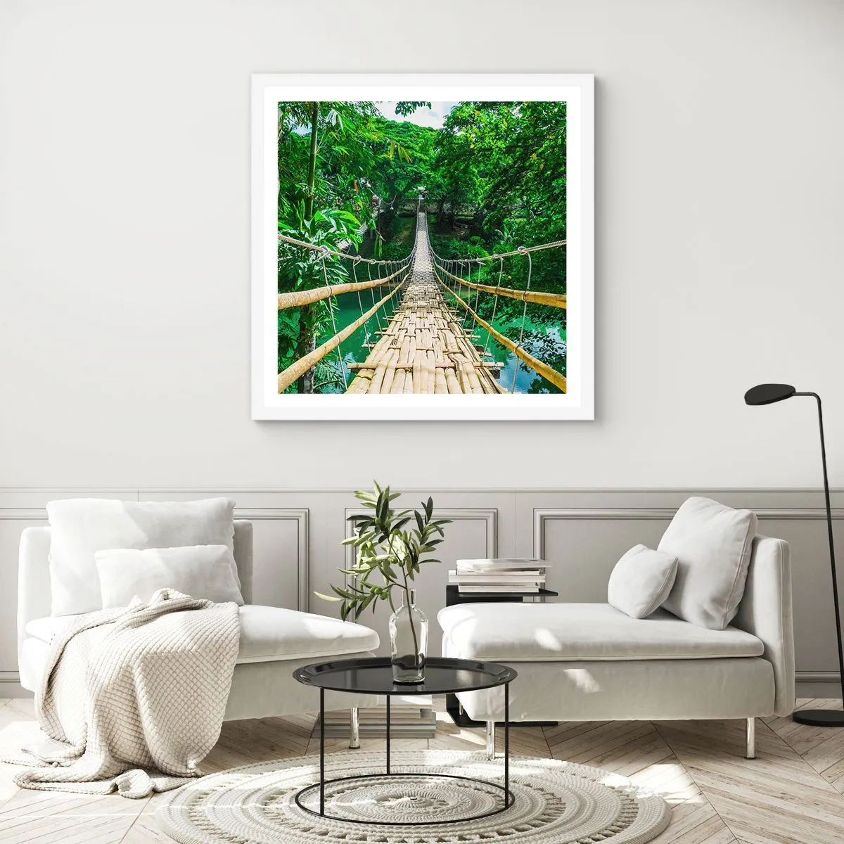 Plagát v bielom ráme - Opičí most nad zeleňou - 60x60 cm