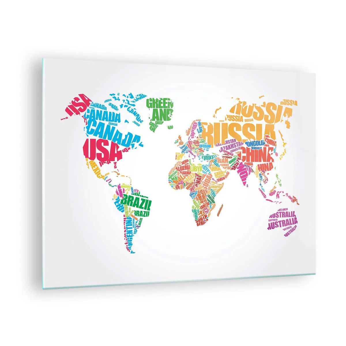 Obraz na skle - Mapa sveta s farebnými názvami krajín - 70x50cm - Chcem spoznať všetky - Moderná nástenná dekorácia do obývacej izby a spálne ARTTOR