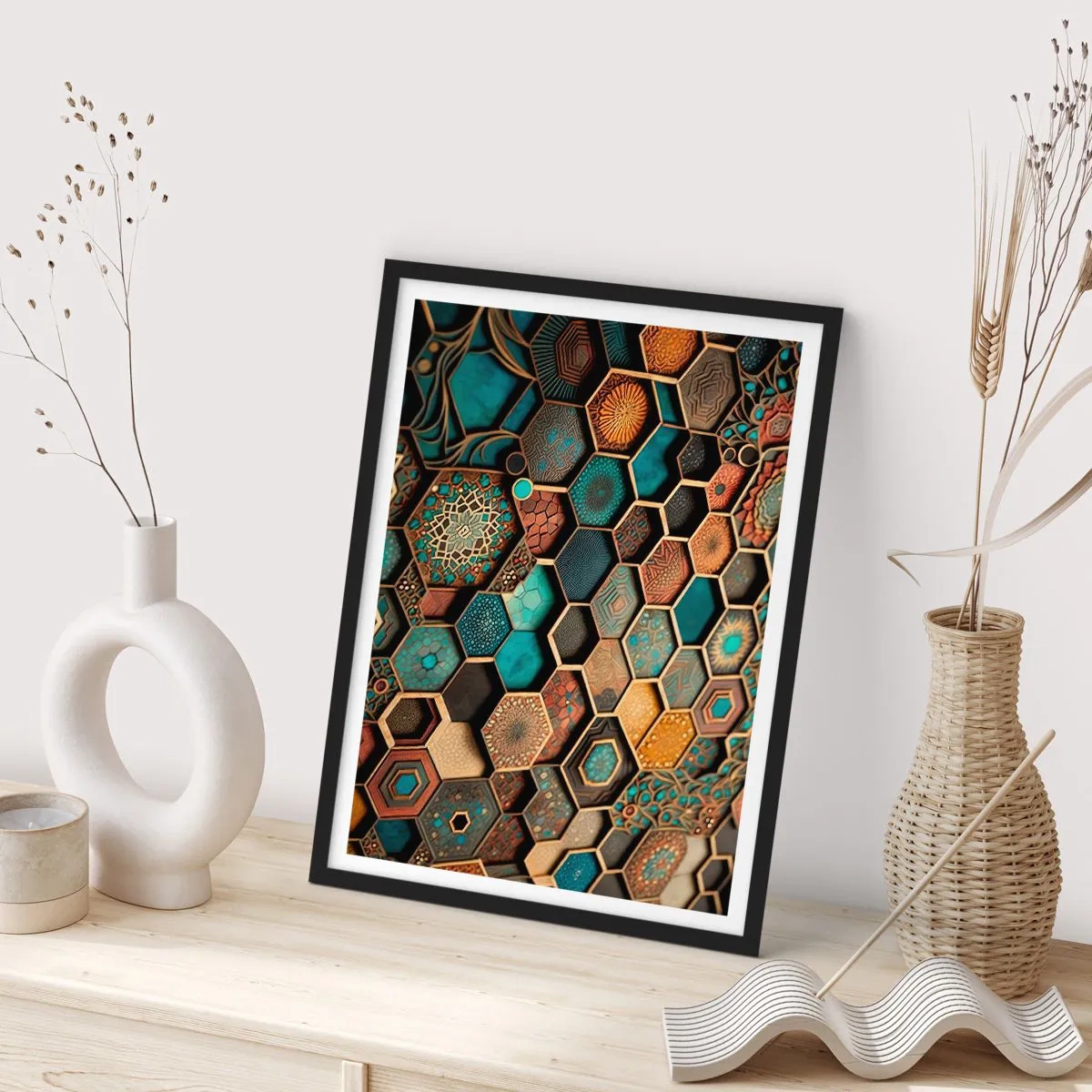 Plagát v čiernom ráme - Geometrická kompozícia šesťuholníkov v zlatej a tyrkysovej palete. - 50x70cm - Arabské ornamenty – variácia - Moderná nástenná dekorácia do obývacej izby a spálne ARTTOR