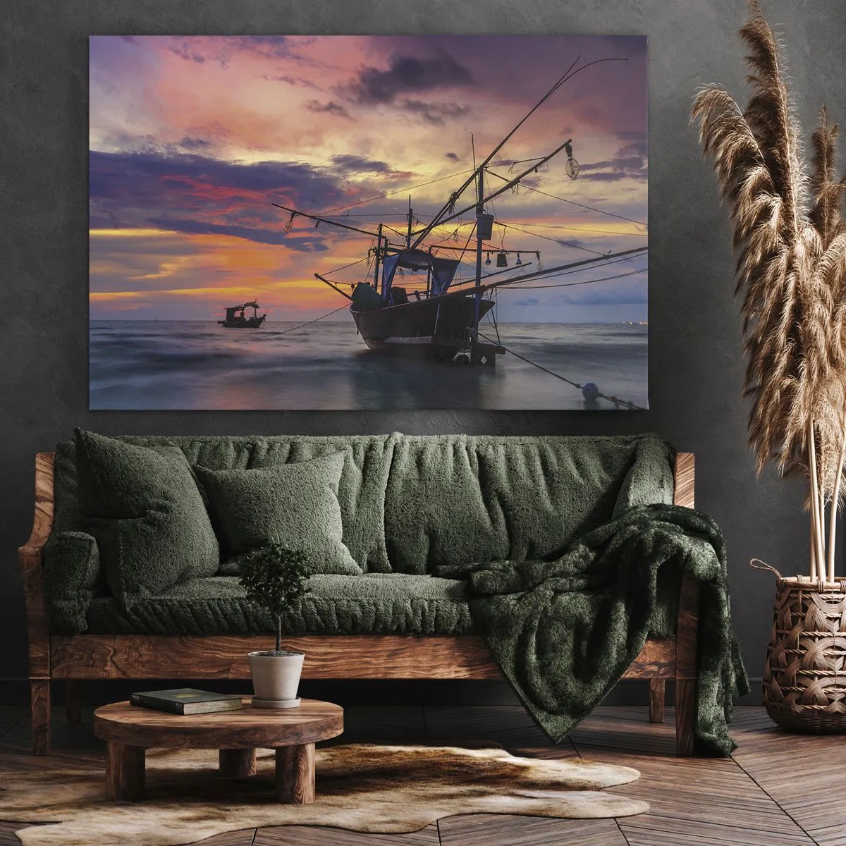 Obraz na plátne - Rybársky čln na pozadí farebného západu slnka - 70x50cm - Exotický večer - Moderná nástenná dekorácia do obývacej izby a spálne ARTTOR
