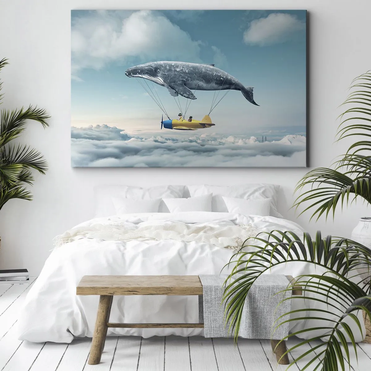 Obraz na plátne - Lietajúca veľryba nesie lietadlo v surrealistickom prostredí. - 70x50cm - Prečo by nie? - Moderná nástenná dekorácia do obývacej izby a spálne ARTTOR