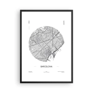 Plagát v čiernom ráme - Minimalistická mapa Barcelony v čiernobielej farbe. - 50x70cm - Anatómia Barcelony - Moderná nástenná dekorácia do obývacej izby a spálne ARTTOR