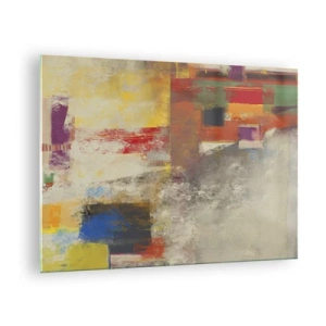 Obraz na skle - Farebná abstrakcia s geometrickými tvarmi - 70x50cm - Geometria farieb - Moderná nástenná dekorácia do obývacej izby a spálne ARTTOR