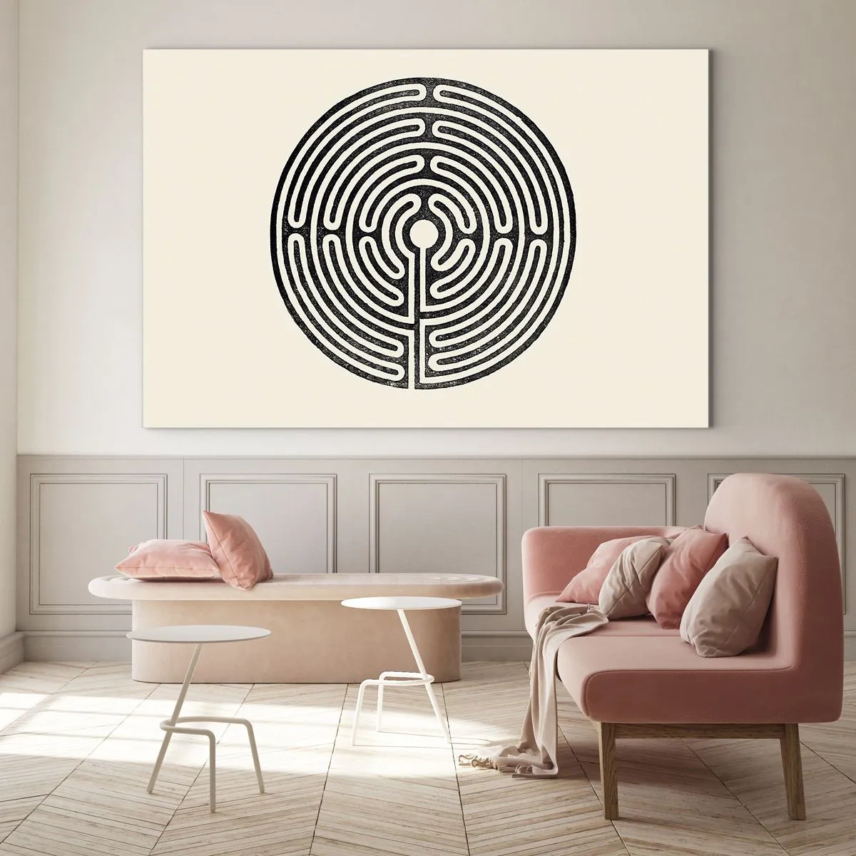 Obraz na skle - Čiernobiele bludisko kruhového tvaru na svetlom pozadí. - 70x50cm - Tajomný poriadok - Moderná nástenná dekorácia do obývacej izby a spálne ARTTOR