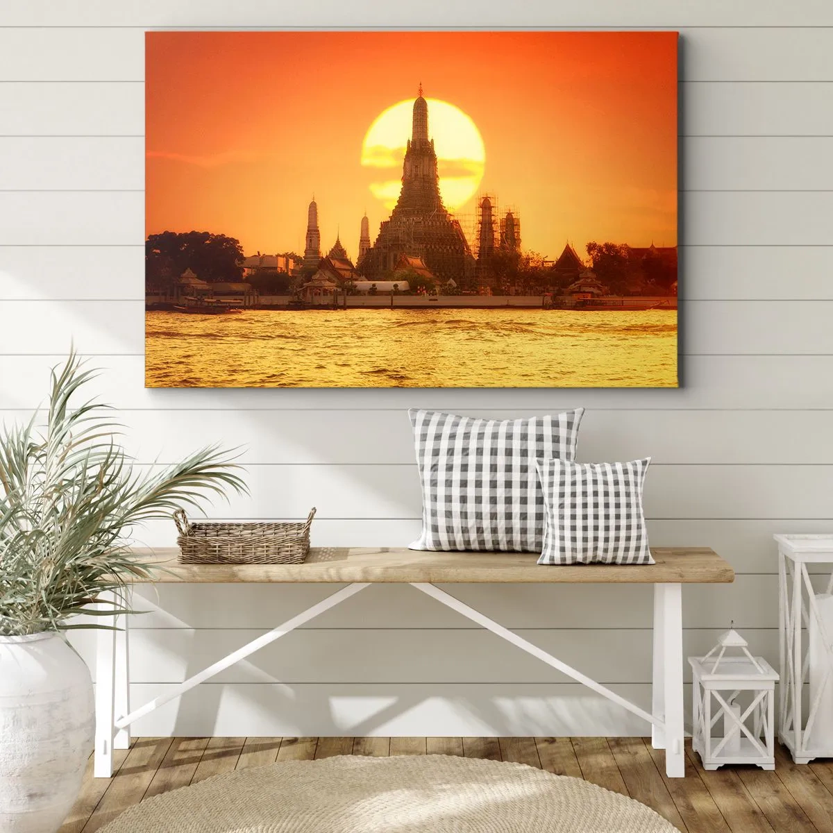 Obraz na plátne - Západ slnka nad chrámom s odrazom vo vode - 70x50cm - K slnku, vždy k slnku - Moderná nástenná dekorácia do obývacej izby a spálne ARTTOR