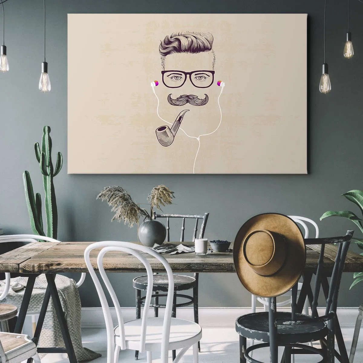 Obraz na plátne - Retro portrét muža s fajkou, slúchadlami a okuliarmi - 70x50cm - Skutočný muž? - Moderná nástenná dekorácia do obývacej izby a spálne ARTTOR