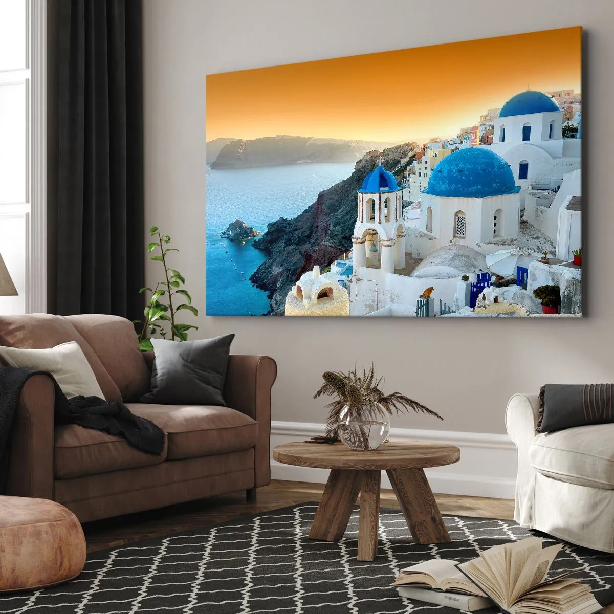 Obraz na plátne - Pohľad na Santorini s bielymi budovami a modrým morom - 70x50cm - Santorini - v náruči skál - Moderná nástenná dekorácia do obývacej izby a spálne ARTTOR