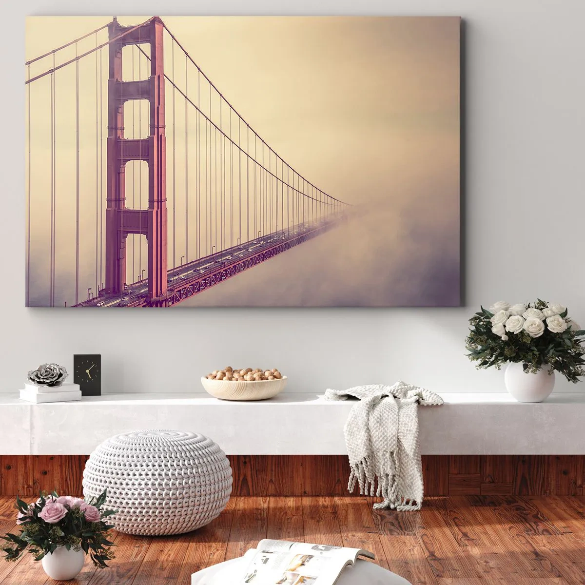 Obraz na plátne - Most v hmle v pastelových odtieňoch, symbol elegancie a pokoja - 70x50cm - Medzi nebom a zemou - Moderná nástenná dekorácia do obývacej izby a spálne ARTTOR