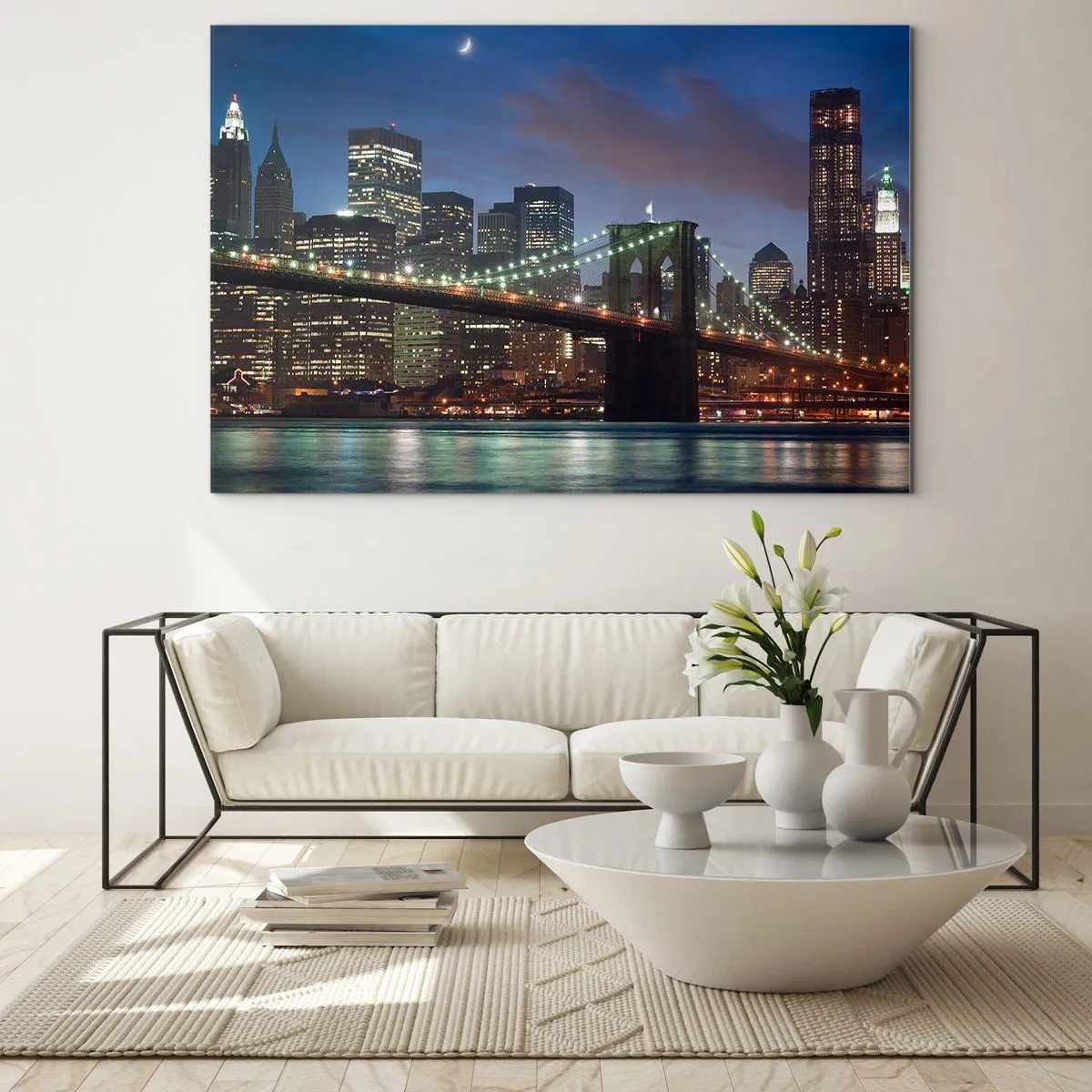 Obraz na skle - Panoráma mesta s mostom osvetleným nočnými svetlami - 70x50cm - Rozjarená noc - Moderná nástenná dekorácia do obývacej izby a spálne ARTTOR