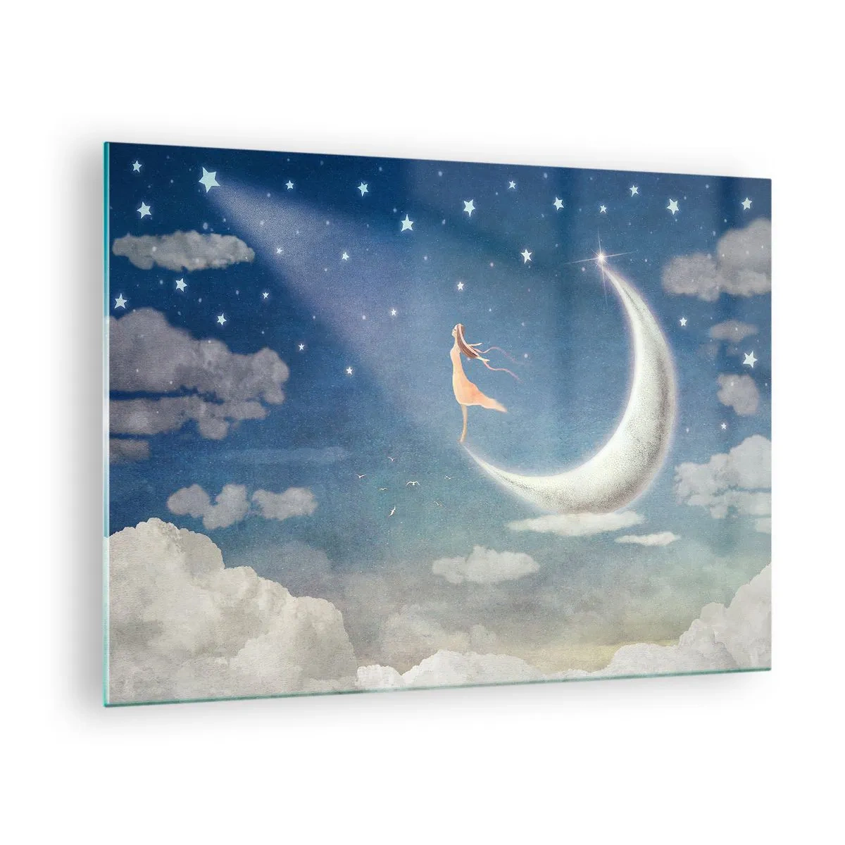 Obraz na skle - Žena v splývavých šatách stojaca na mesiaci na hviezdnej oblohe. - 70x50cm - Modrá koketa - Moderná nástenná dekorácia do obývacej izby a spálne ARTTOR