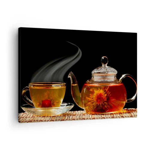 Obraz na plátne - Sklenená kanvica na čaj s kvetinovým čajom a šálkou - 70x50cm - Mágia a umenie varenia čaj - Moderná nástenná dekorácia do obývacej izby a spálne ARTTOR