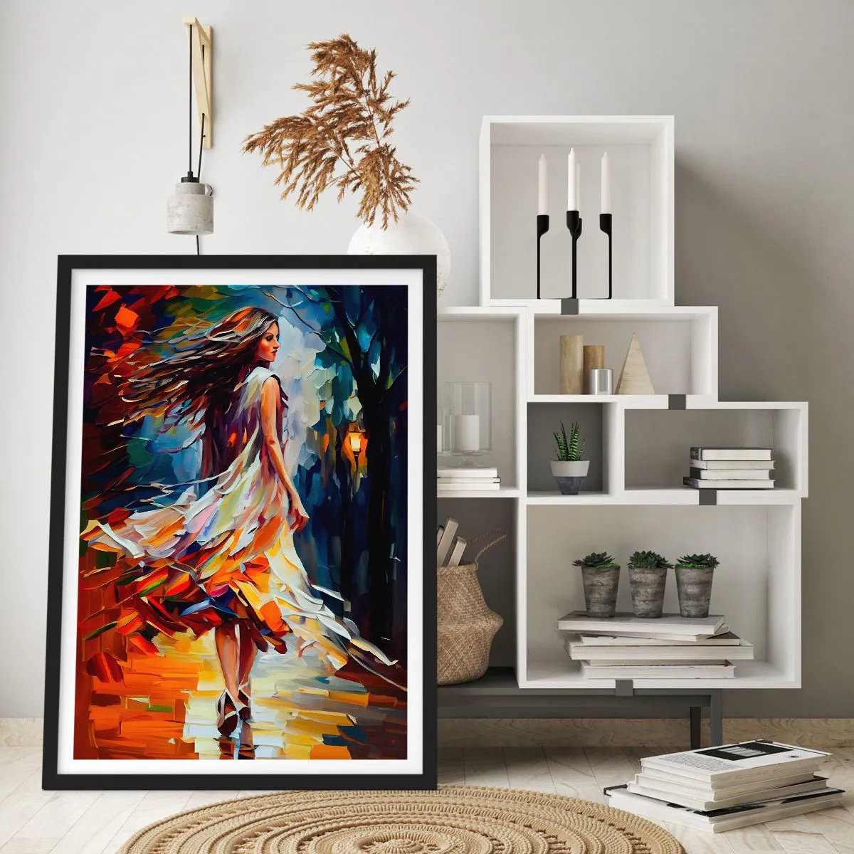 Plagát v čiernom ráme - Žena tancuje medzi farebnými jesennými listami - 50x70cm - Jesenné dievča - Moderná nástenná dekorácia do obývacej izby a spálne ARTTOR