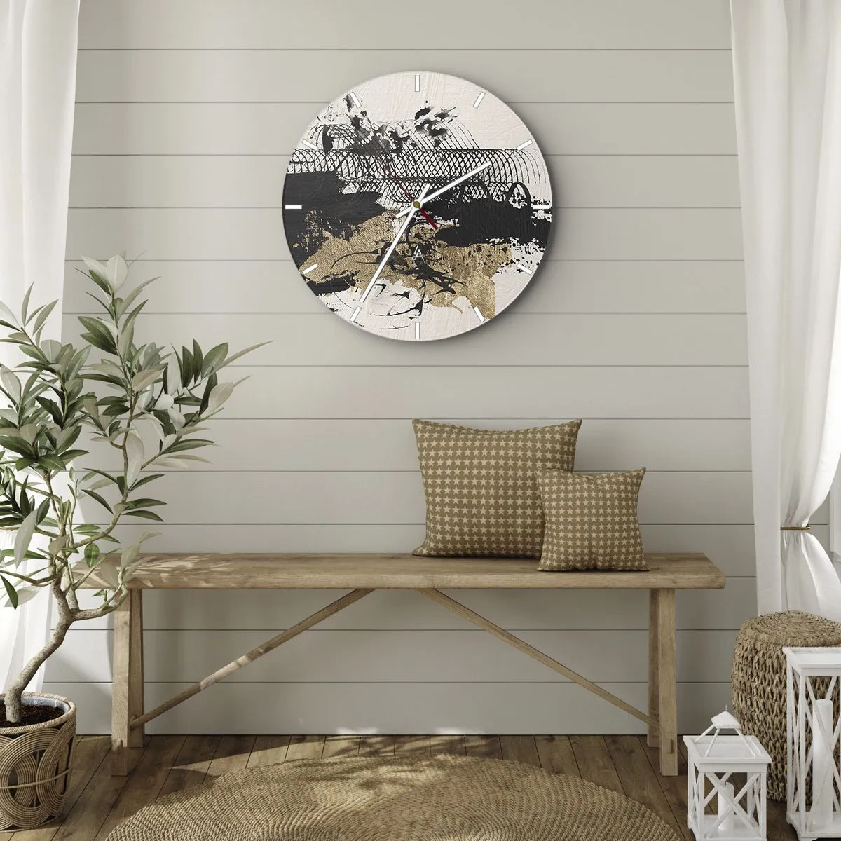 Nástenné hodiny - Abstraktná kompozícia čiernej, zlatej a bielej - 30x30cm - Kompozícia s vášňou - Moderná nástenná dekorácia do obývacej izby, kuchyne a spálne ARTTOR