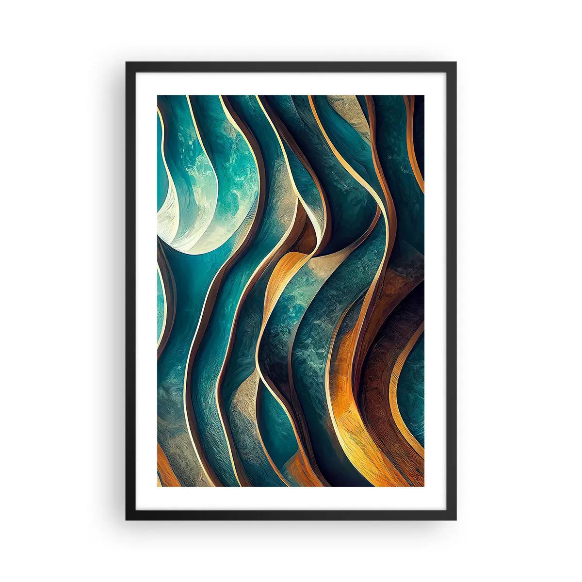 Plagát v čiernom ráme - Abstraktná kompozícia vlnitých tvarov v odtieňoch tyrkysovej. - 50x70cm - Meandre modrej - Moderná nástenná dekorácia do obývacej izby a spálne ARTTOR