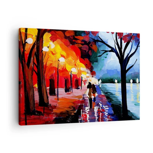 Obraz na plátne - Jesenná prechádzka po chodníku s výhľadom na vodu - 70x50cm - Horúca jeseň v parku - Moderná nástenná dekorácia do obývacej izby a spálne ARTTOR