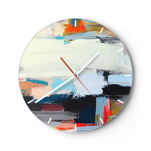 Nástenné hodiny - Abstraktná kompozícia farebných škvŕn a geometrických pruhov. - 30x30cm - Nejaký spôsob? - Moderná nástenná dekorácia do obývacej izby, kuchyne a spálne ARTTOR