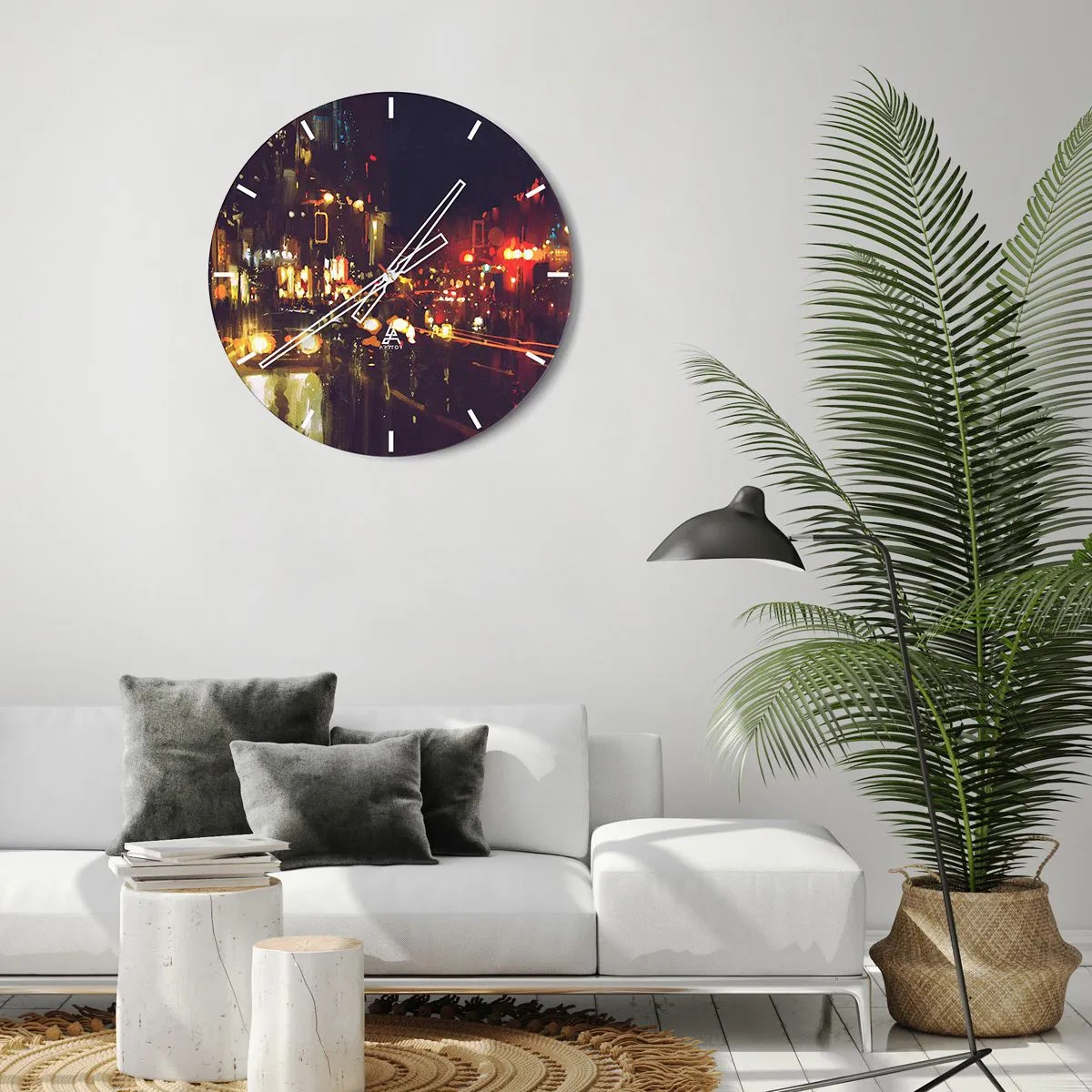 Nástenné hodiny - Nočná scéna mesta s farebnými svetlami a ulicou - 30x30cm - Ponorená do svetiel noci - Moderná nástenná dekorácia do obývacej izby, kuchyne a spálne ARTTOR
