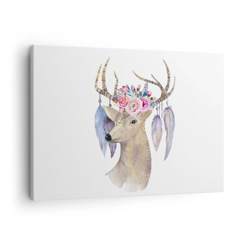 Obraz na plátne - Romantická grafika jeleňa s kvetmi a perím - 70x50cm - Sprievodca duše - jemný, nevinný - Moderná nástenná dekorácia do obývacej izby a spálne ARTTOR