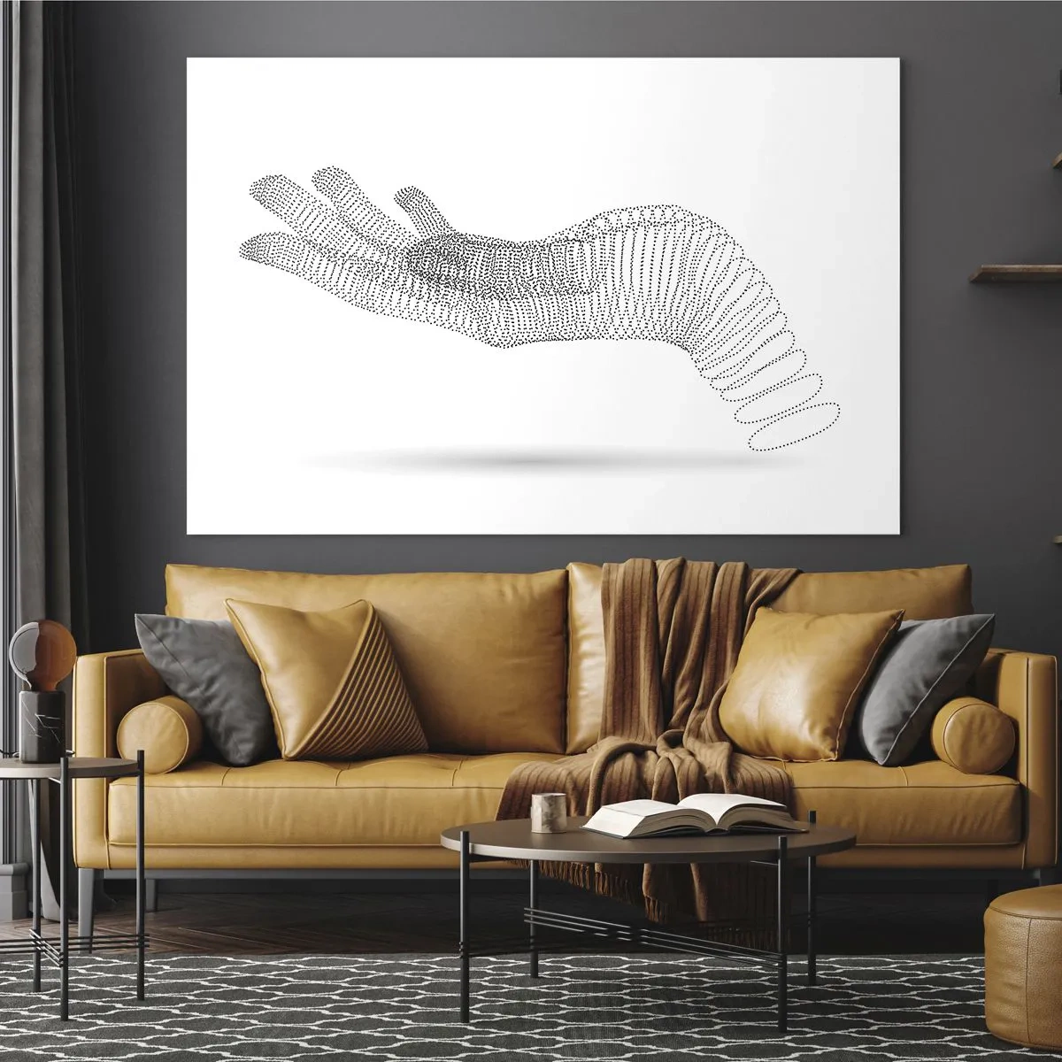 Obraz na skle - Minimalistická grafika ruky vyrobenej z bodiek - 70x50cm - Pružná ruka - Moderná nástenná dekorácia do obývacej izby a spálne ARTTOR