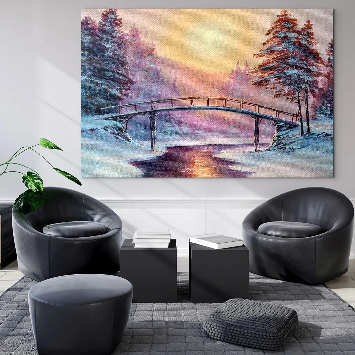 Obraz na skle - Zimná krajina s mostom cez rieku pri západe slnka - 70x50cm - Štyri ročné obdobia - zima - Moderná nástenná dekorácia do obývacej izby a spálne ARTTOR