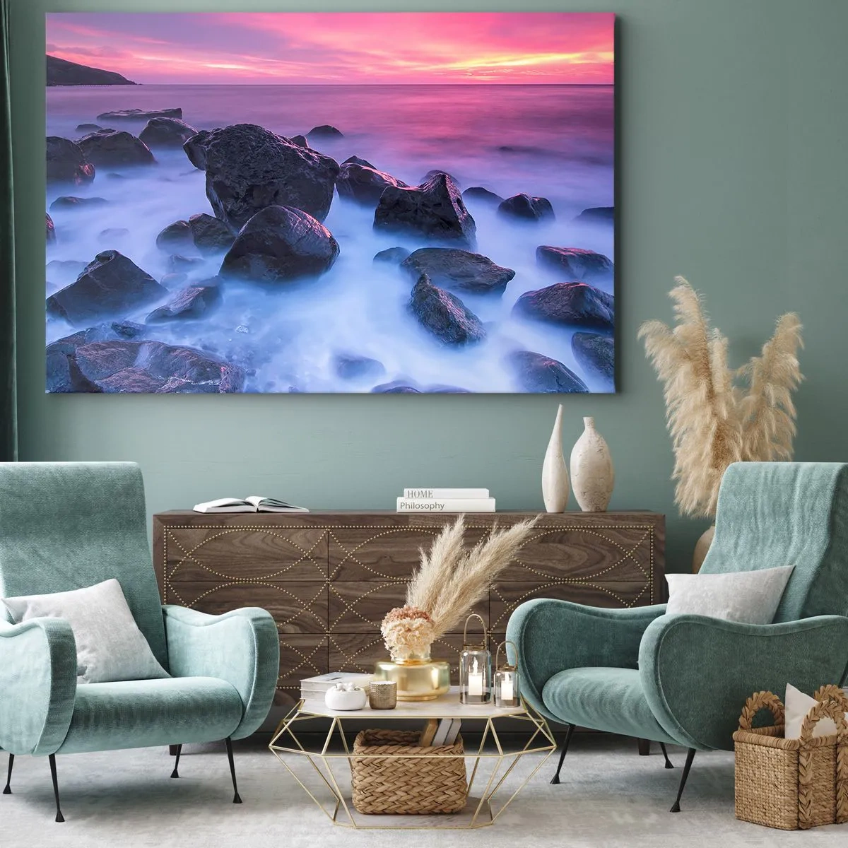 Obraz na plátne - Skalnaté pobrežie pri západe slnka - 70x50cm - Narodeniny v lesku a v hmle - Moderná nástenná dekorácia do obývacej izby a spálne ARTTOR