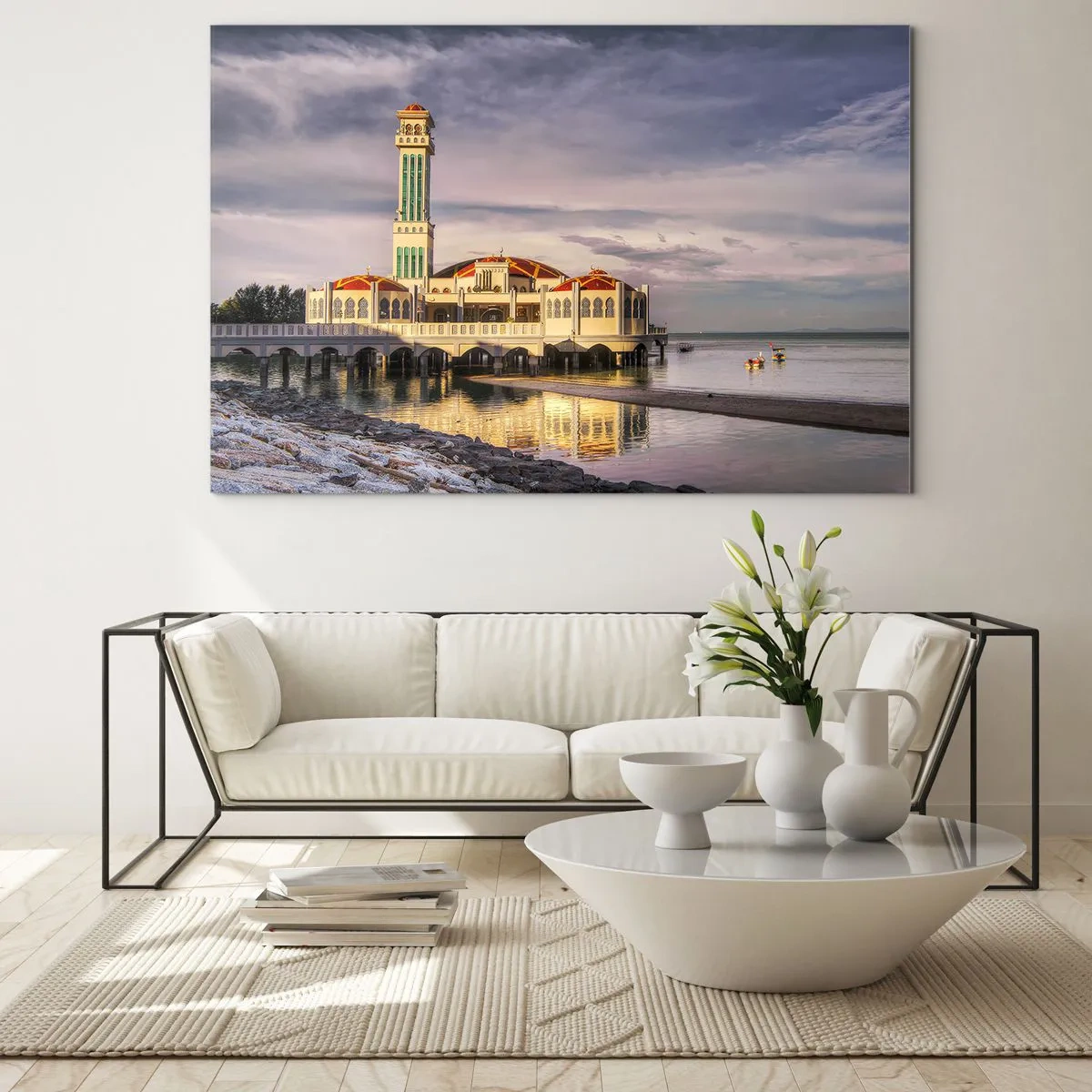 Obraz na skle - Mešita na vode v malebnom svetle - 70x50cm - Svätyňa prírody - Moderná nástenná dekorácia do obývacej izby a spálne ARTTOR