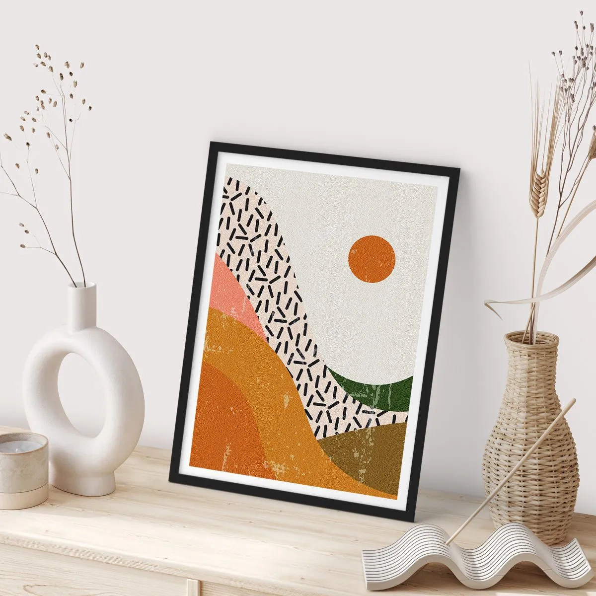 Plagát v čiernom ráme - Abstraktná krajina v teplých farbách - 50x70cm - Slnečná abstrakcia - Moderná nástenná dekorácia do obývacej izby a spálne ARTTOR