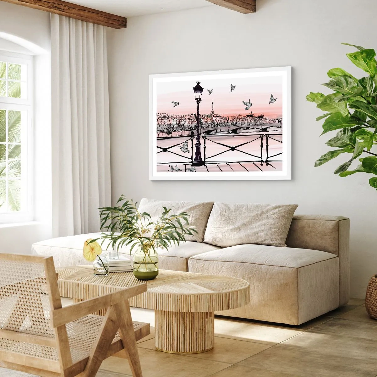 Plagát v bielom ráme - Nad strechami Paríža - 91x61 cm