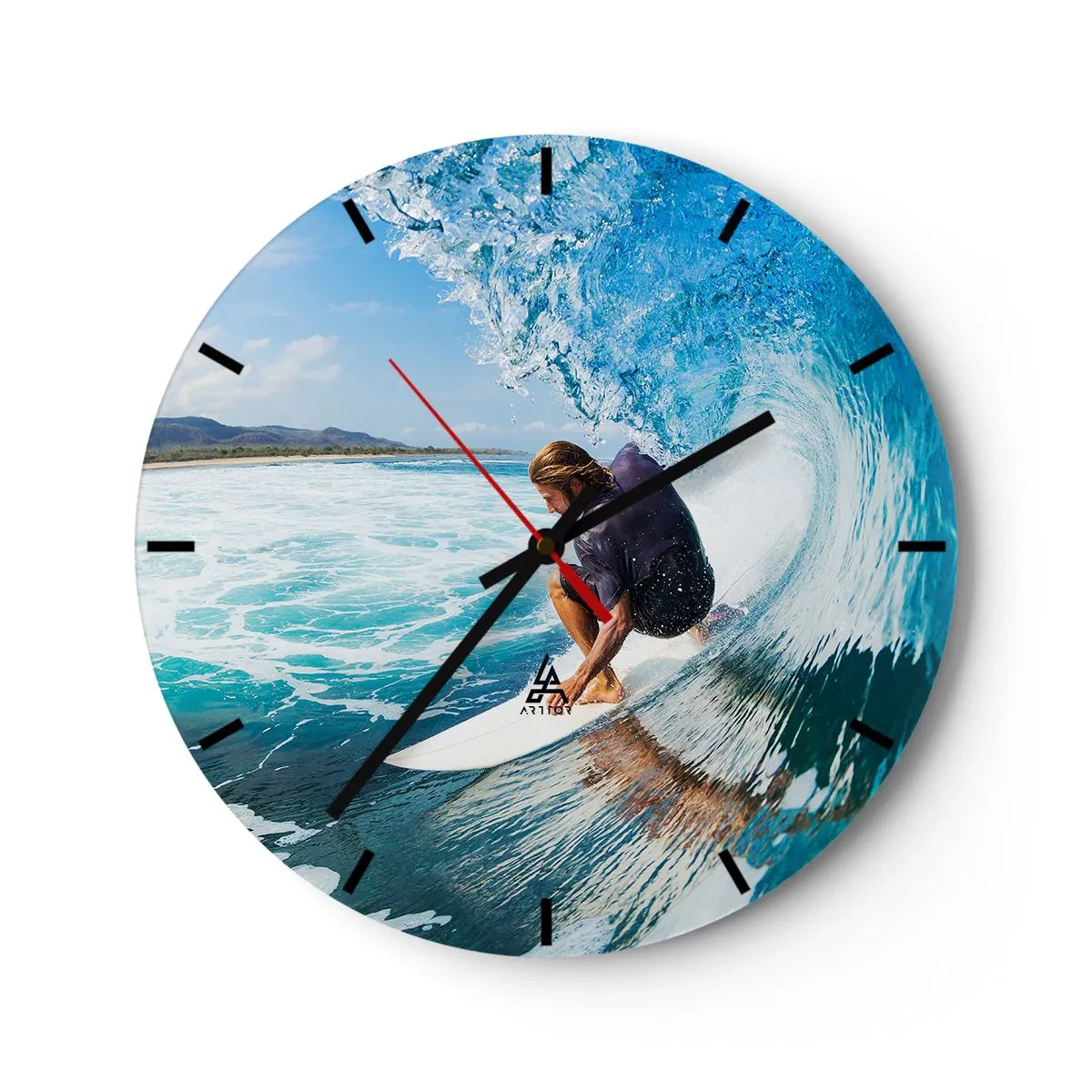Nástenné hodiny - Surfer v tuneli vodných vĺn - 30x30cm - Tancujúci s vlnami - Moderná nástenná dekorácia do obývacej izby, kuchyne a spálne ARTTOR