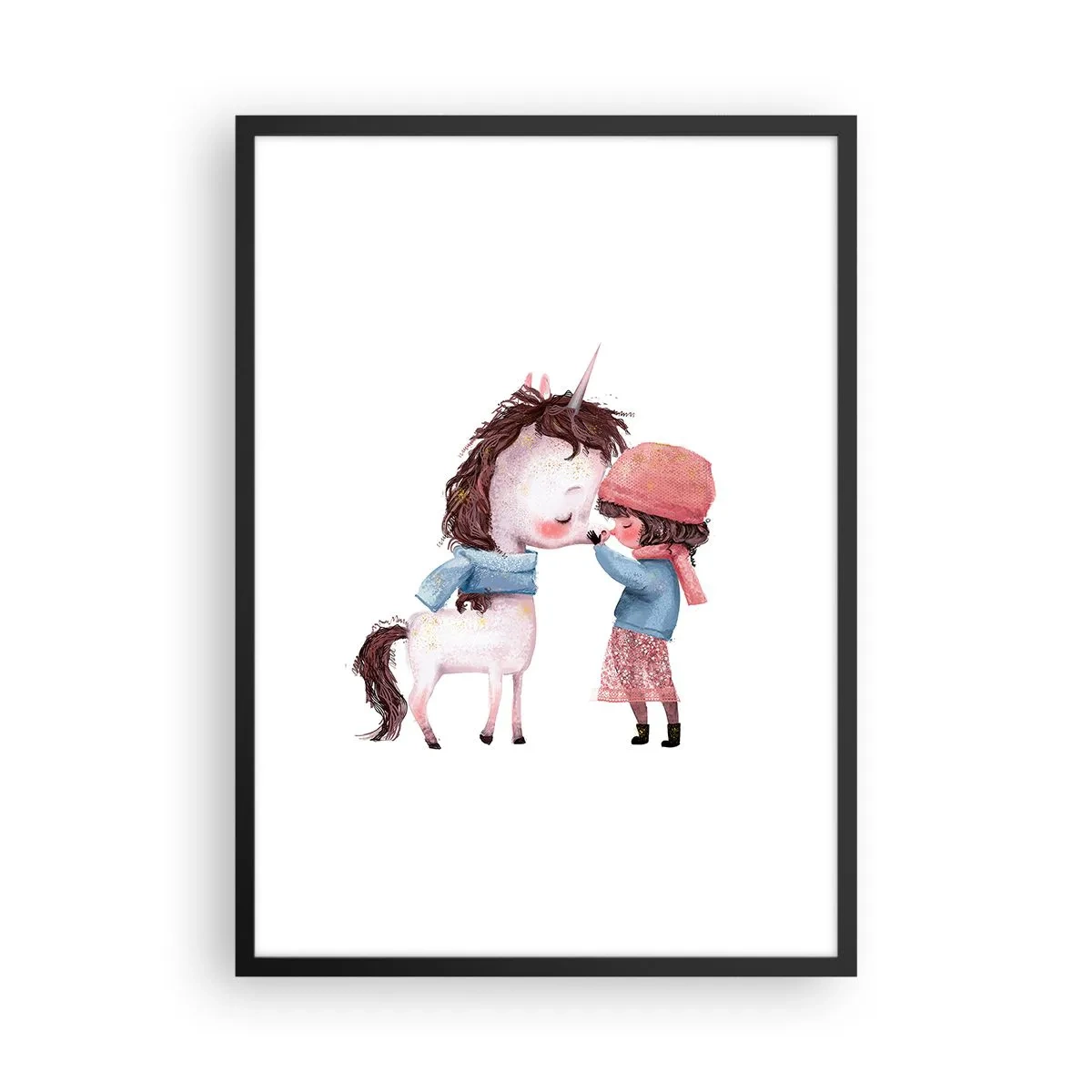 Plagát v čiernom ráme - Dievča a jednorožec v zimnom oblečení sa objímajú - 50x70cm - Zimný príbeh - Moderná nástenná dekorácia do obývacej izby a spálne ARTTOR