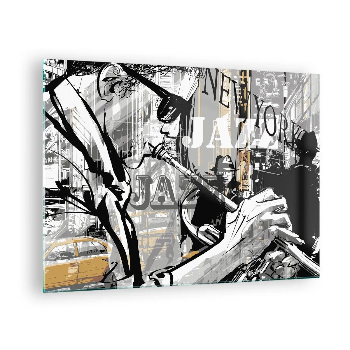 Obraz na skle - Štýlová kresba jazzového hudobníka hrajúceho na trúbku v newyorskom prostredí. - 70x50cm - V rytme New Yorku - Moderná nástenná dekorácia do obývacej izby a spálne ARTTOR
