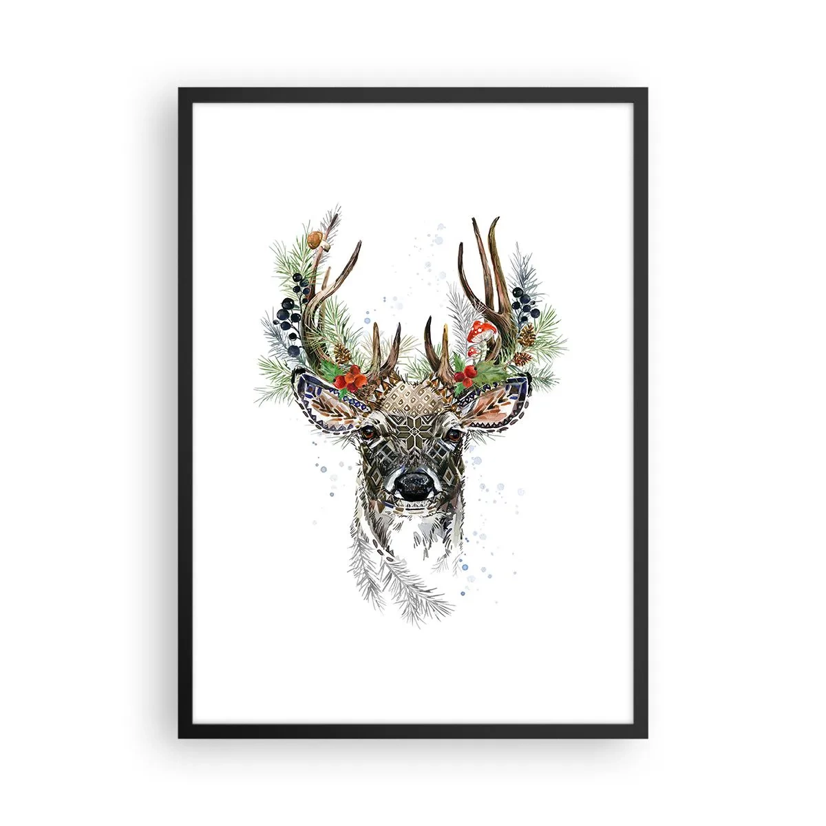 Plagát v čiernom ráme - Dekoratívny jeleň s ornamentmi a kvetinovými akcentmi - 50x70cm - V slávnostnom rúchu - Moderná nástenná dekorácia do obývacej izby a spálne ARTTOR