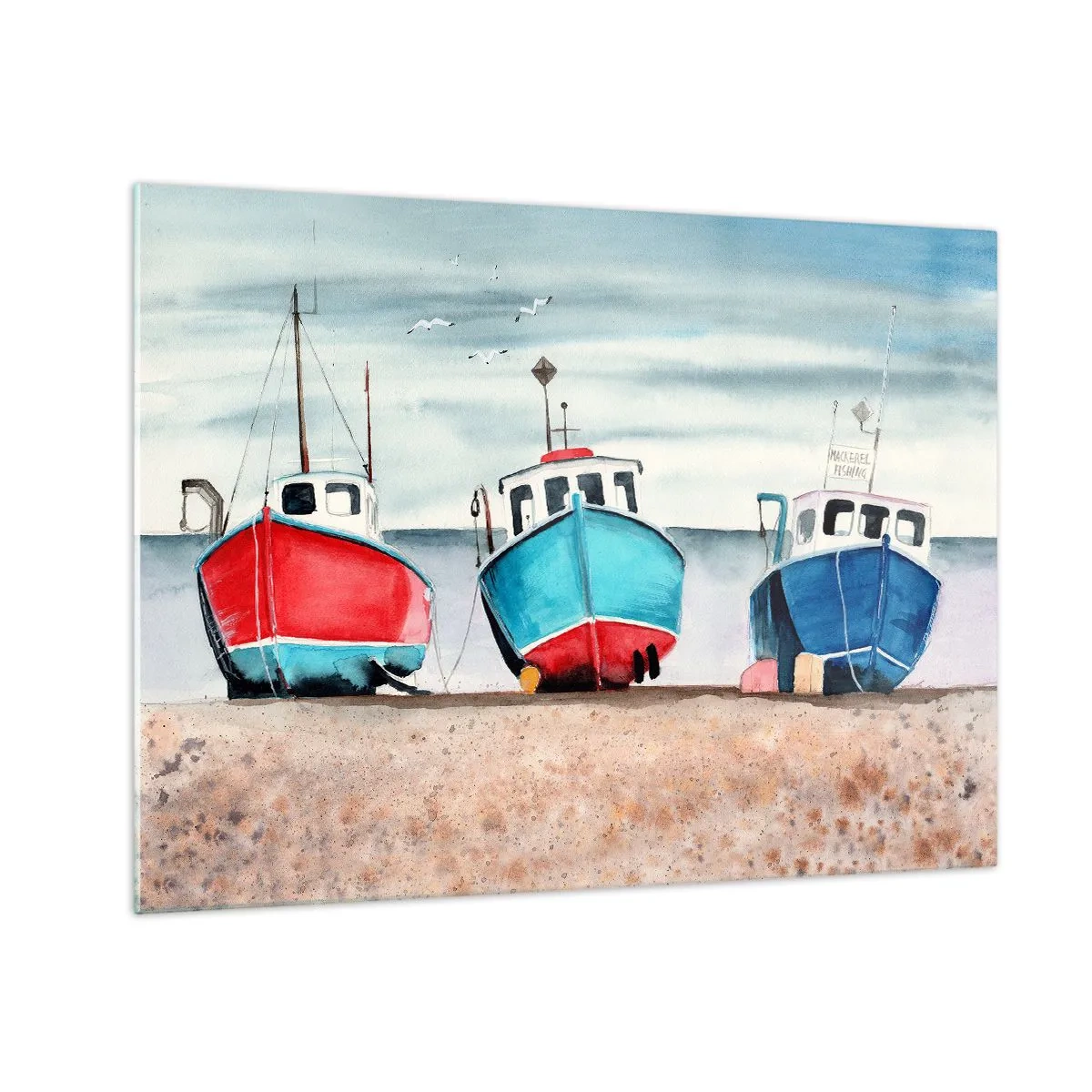 Obraz na skle - Tri farebné rybárske lode na pobreží - 70x50cm - Pripravené na úlovok - Moderná nástenná dekorácia do obývacej izby a spálne ARTTOR