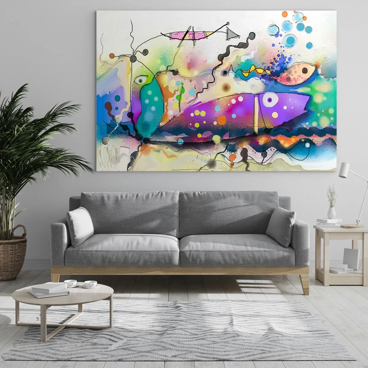 Obraz na skle - Abstraktná kompozícia s farebnými tvarmi a čiarami - 70x50cm - Niet slov! - Moderná nástenná dekorácia do obývacej izby a spálne ARTTOR