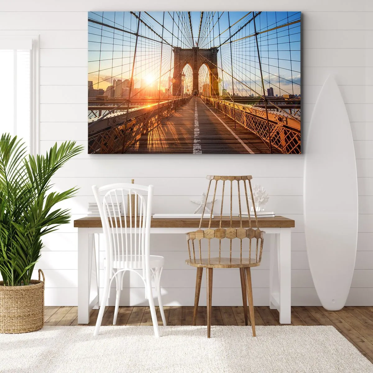 Obraz na plátne - Most vo svetle zapadajúceho slnka s výhľadom na mesto - 70x50cm - Na zlatom moste - Moderná nástenná dekorácia do obývacej izby a spálne ARTTOR