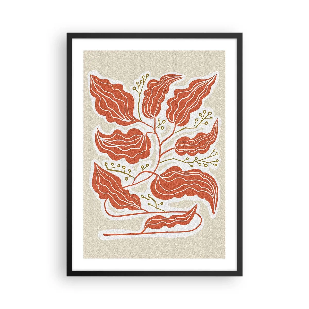 Plagát v čiernom ráme - Abstraktná kompozícia listov v odtieňoch oranžovej a béžovej. - 50x70cm - Ľudovo a koralovo - Moderná nástenná dekorácia do obývacej izby a spálne ARTTOR