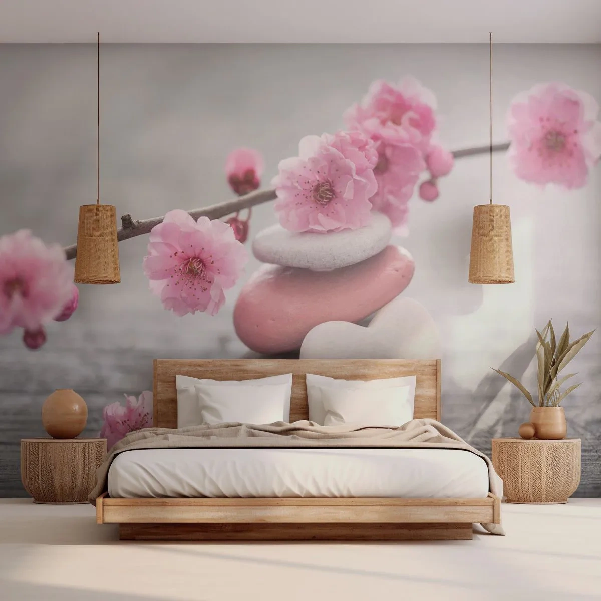 Fototapeta Standard Eco - Blaženosť s višňovým kvetom - Srdce, Kvetina, Kamene - 350x256 cm