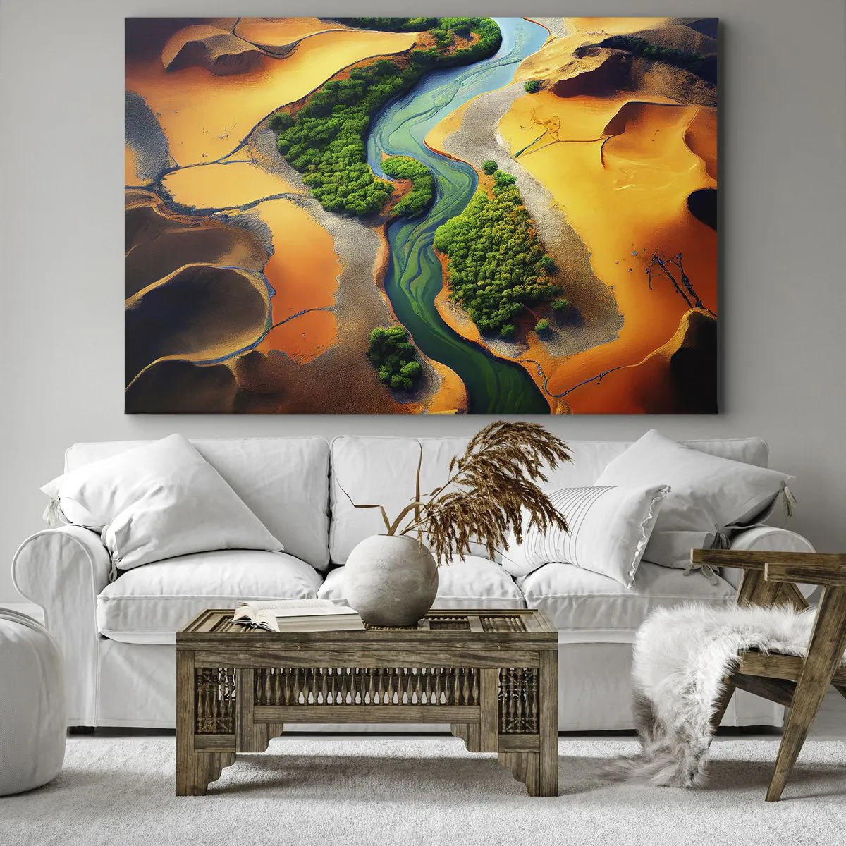 Obraz na plátne - Zelená rieka obklopená zlatým pieskom a vegetáciou - 70x50cm - Životodarná rieka - Moderná nástenná dekorácia do obývacej izby a spálne ARTTOR