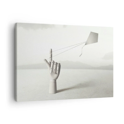 Obraz na plátne - Minimalistická drevená ruka s drakom na pozadí krajiny. - 70x50cm - Výzva - Moderná nástenná dekorácia do obývacej izby a spálne ARTTOR