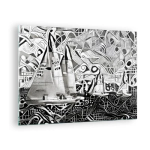 Obraz na skle - Čiernobiela abstrakcia s plachetnicami a geometrickými vzormi - 70x50cm - Medzi vlnami - Moderná nástenná dekorácia do obývacej izby a spálne ARTTOR